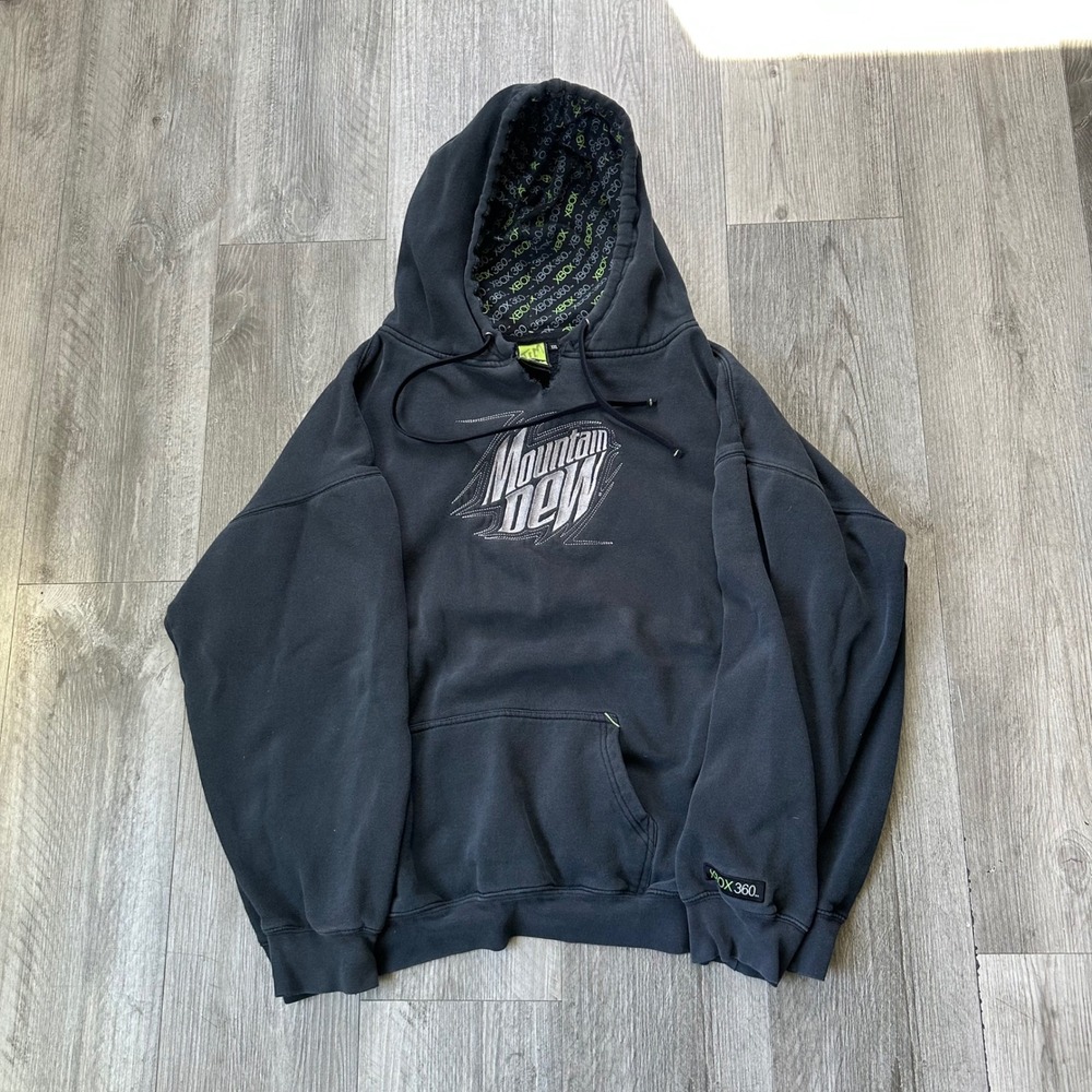 Rare Vintage Y2K Mountain Dew Xbox 360 Grail Black Hoodie Sweatshirt Fits Like L